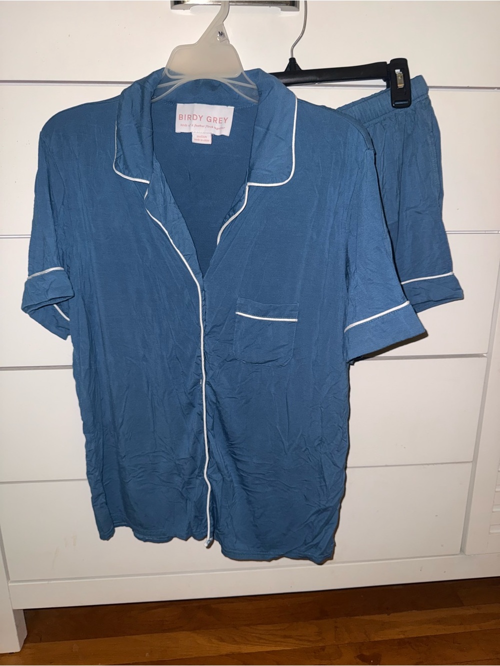 Birdy Grey Blue Short Sleeve Pajama Set with White Piping